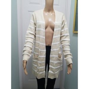 Sigrid Olsen Women White Beige Stripes Open Knit Cardigan Sz L
